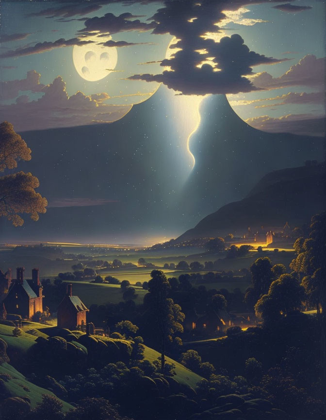 Full Moon Night Landscape: Valley, Waterfall, Lit Houses