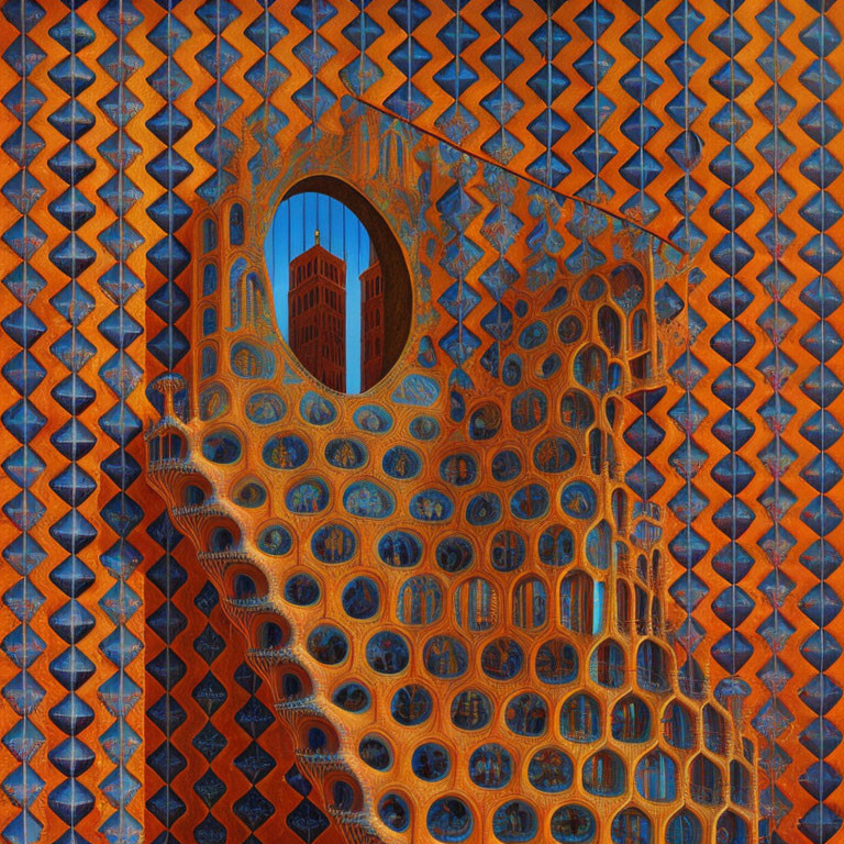 Abstract Geometric Pattern with Central Hole Revealing Building in Blue and Orange