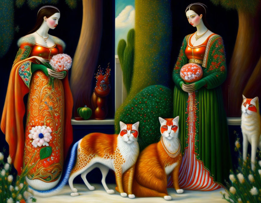 Stylized women in ornate dresses with colorful cats in whimsical nighttime scene