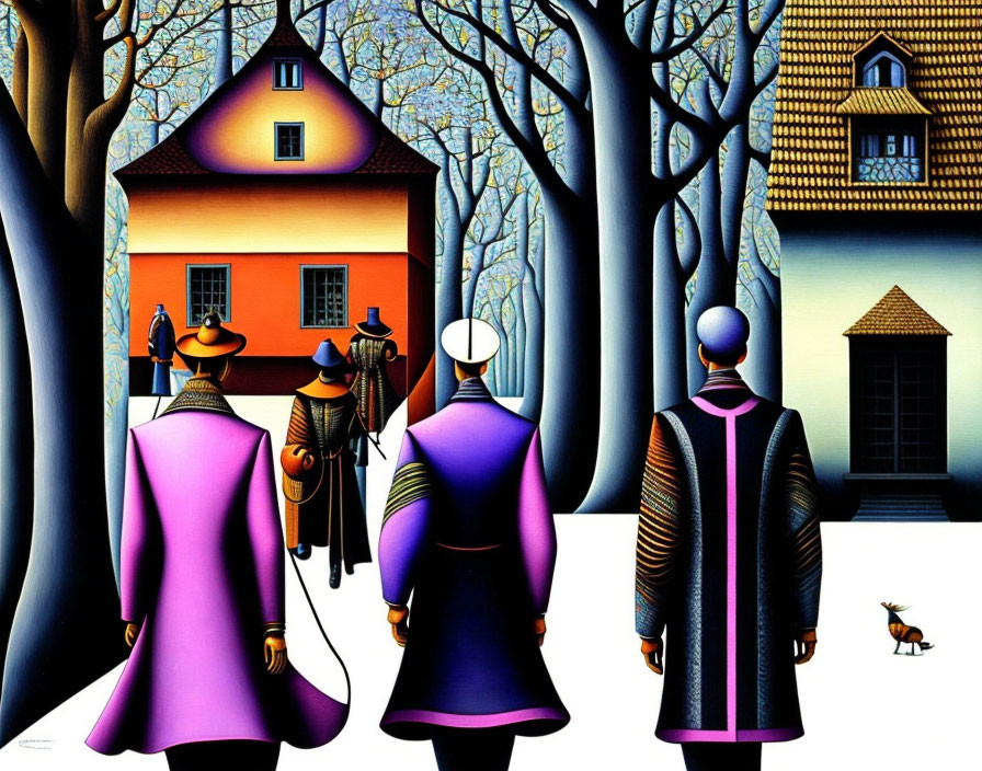Four figures in cloaks and hats walking towards colorful buildings with elongated tree trunks and a small