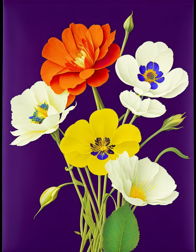 Colorful Flowers Illustration on Purple Background