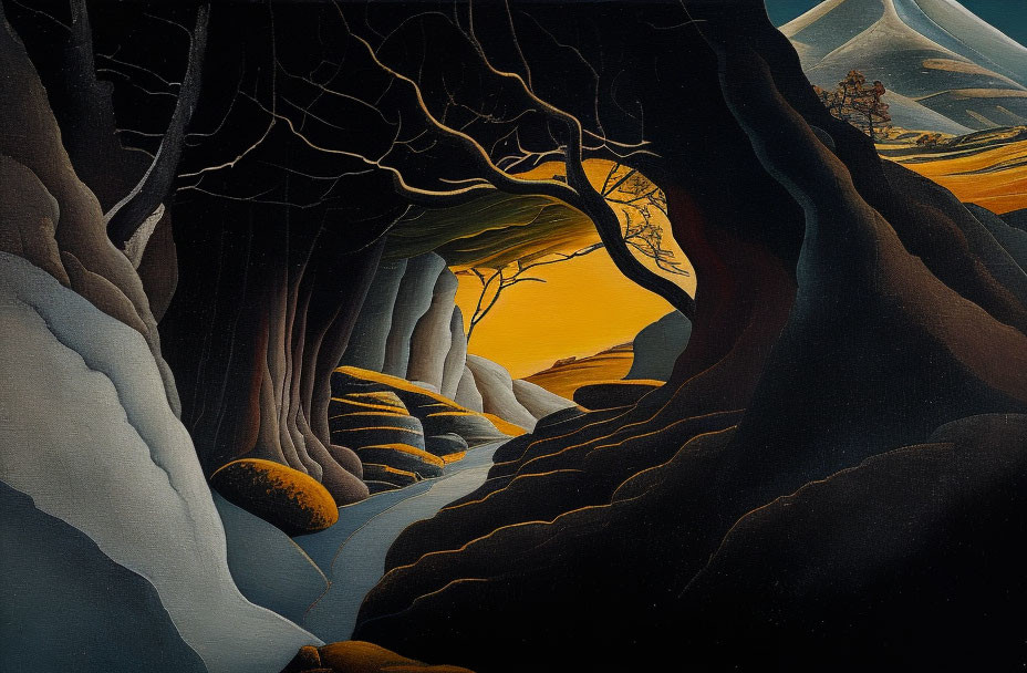 Surreal forest painting with twisted trees and sunset-lit landscape