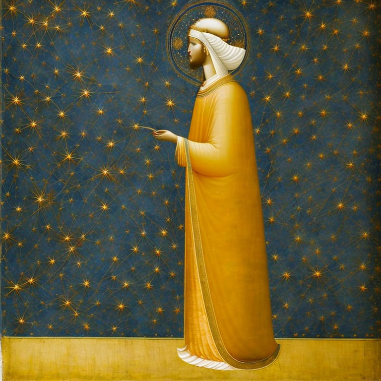 Golden-robed figure with halo in serene setting