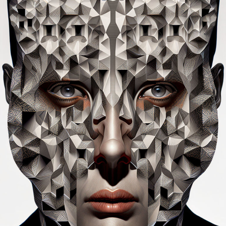 Geometric patterns create fragmented mask illusion in grayscale portrait.