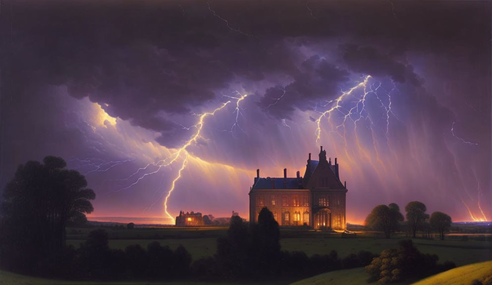 Spooky manor under stormy night sky with lightning strikes