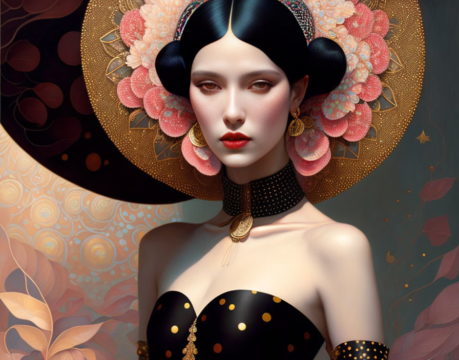 Digital artwork: Pale-skinned woman in ornate hat with flowers, black dress with gold spots