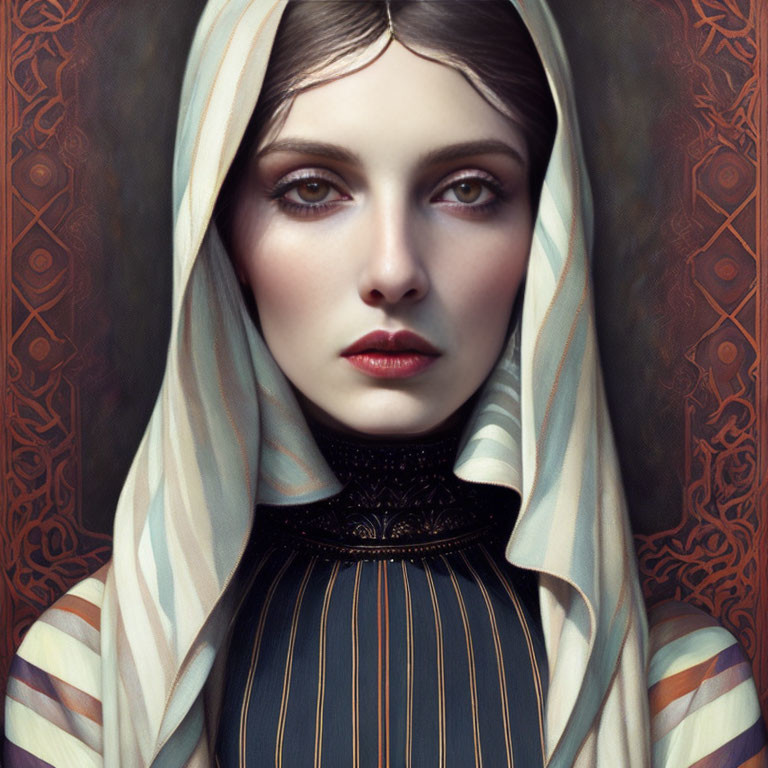 Digital portrait of a woman with dark eyes and hair in a striped garment and geometric hood, emanating