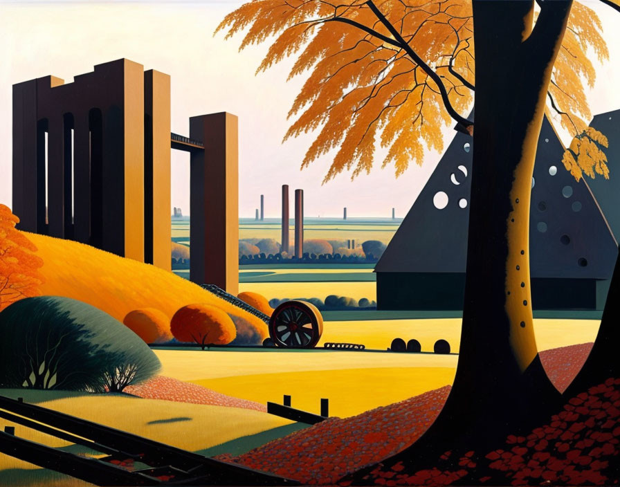Colorful industrial landscape with factories, smokestacks, tree, and railroad tracks.
