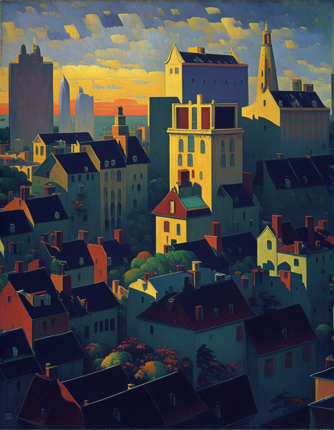 Vibrant urban landscape painting with geometric buildings and sunset sky