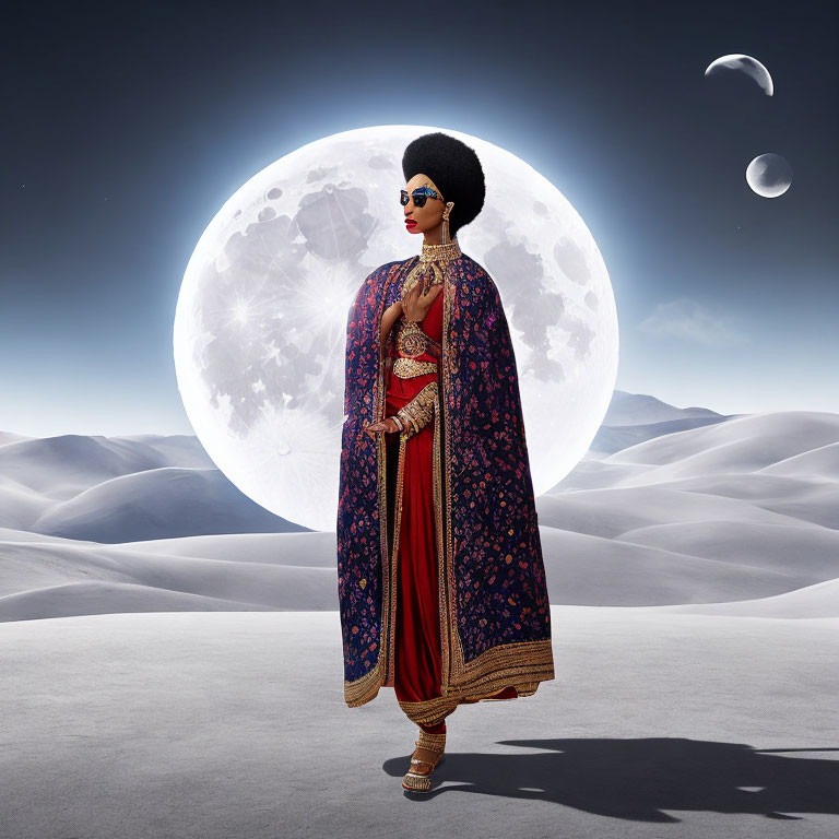 Person in traditional attire on surreal moonlit landscape with sand dunes