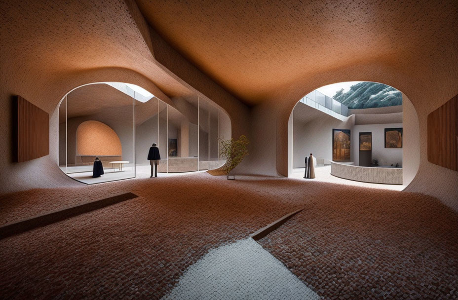 Modern Cave-Like Interior with Arched Openings and Rough Textured Walls