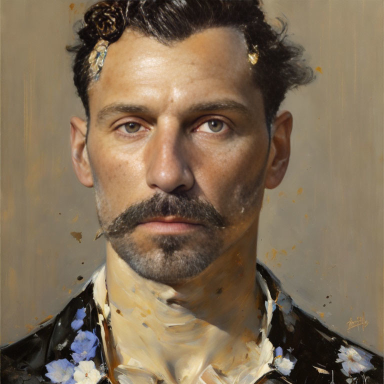 Portrait of a bearded man with flowers and gold leaf accents
