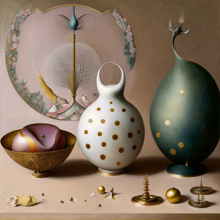 Ornate surreal vessels with intricate designs in a still life painting