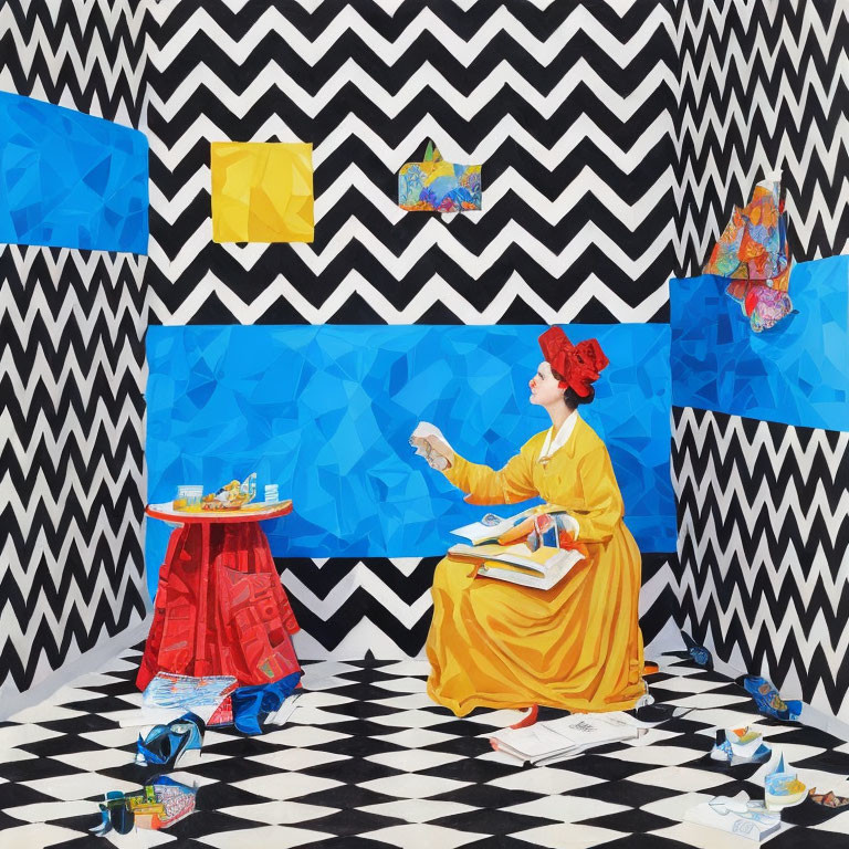 Person in Yellow Robe Painting in Geometric Room