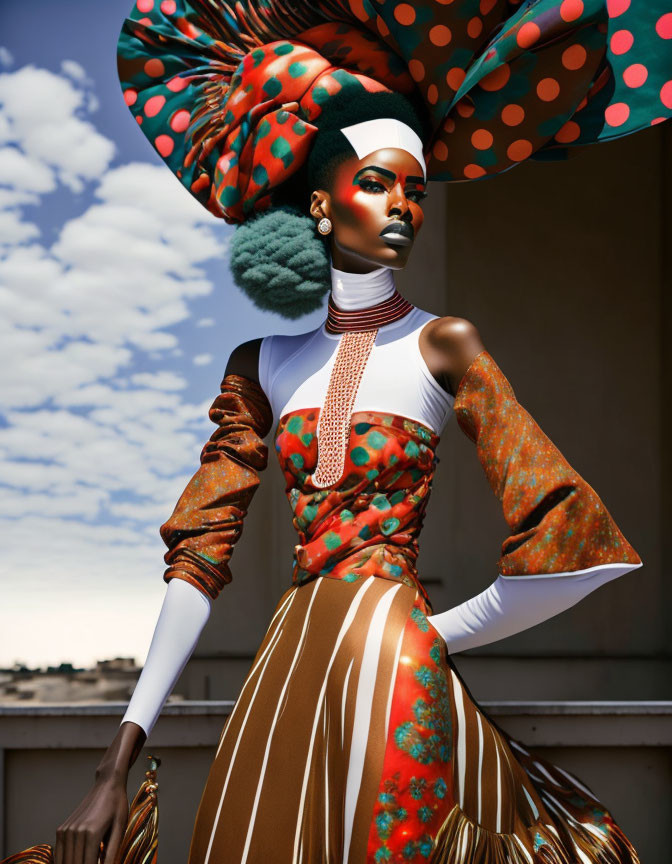 Avant-garde outfit with polka-dotted headpiece, puffed sleeves, bold makeup modeled