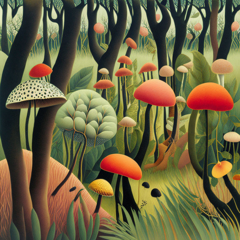 Vibrant red-capped mushrooms in stylized forest scene