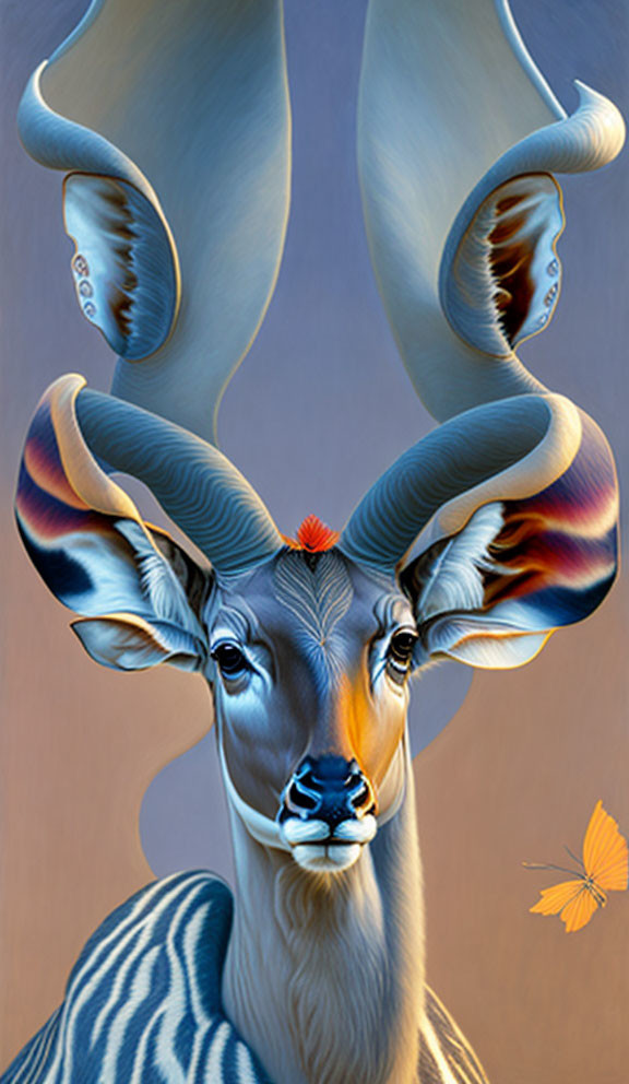 Surreal illustration featuring kudu antelope with ornate horns and colorful butterflies