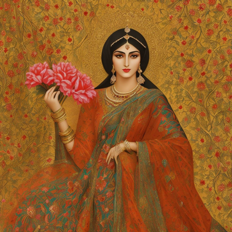 Illustrated Woman in Traditional Attire Holding Pink Flowers on Gold Background