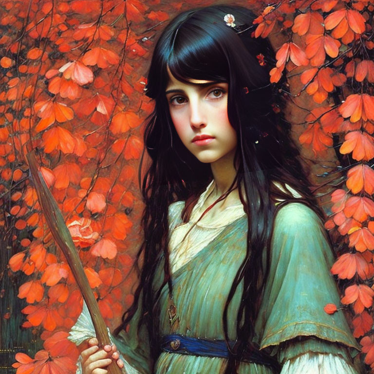 Young woman with dark hair in autumn setting holding staff in green dress
