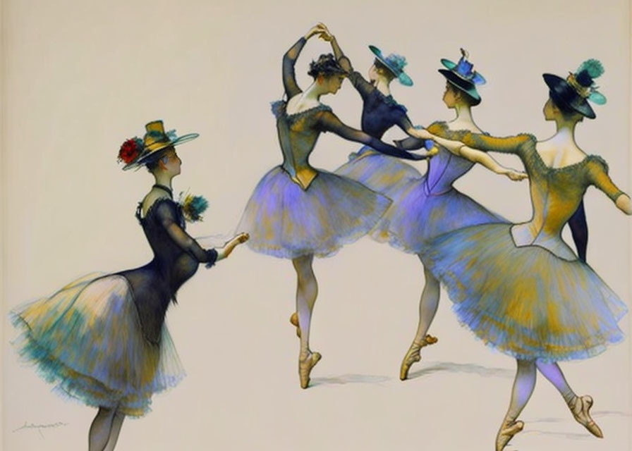 Four Ballet Dancers in Blue Tutus and Decorative Hats Performing Pose