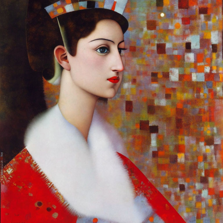 Portrait of Woman with White Fur Collar, Red Lips, and Ornate Headpiece on Mosaic