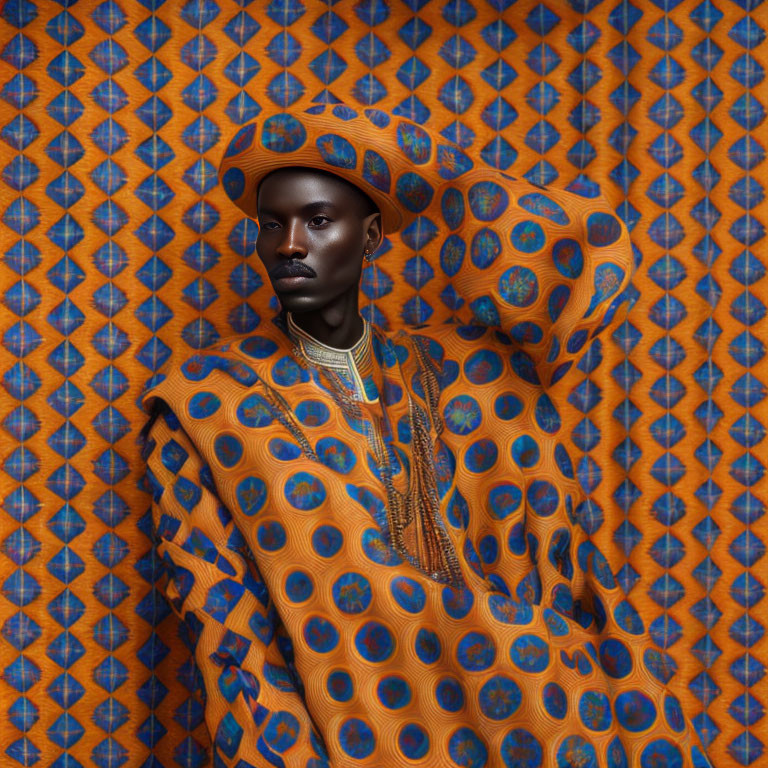 Traditional African Attire with Matching Patterns and Hat on Similar Backdrop