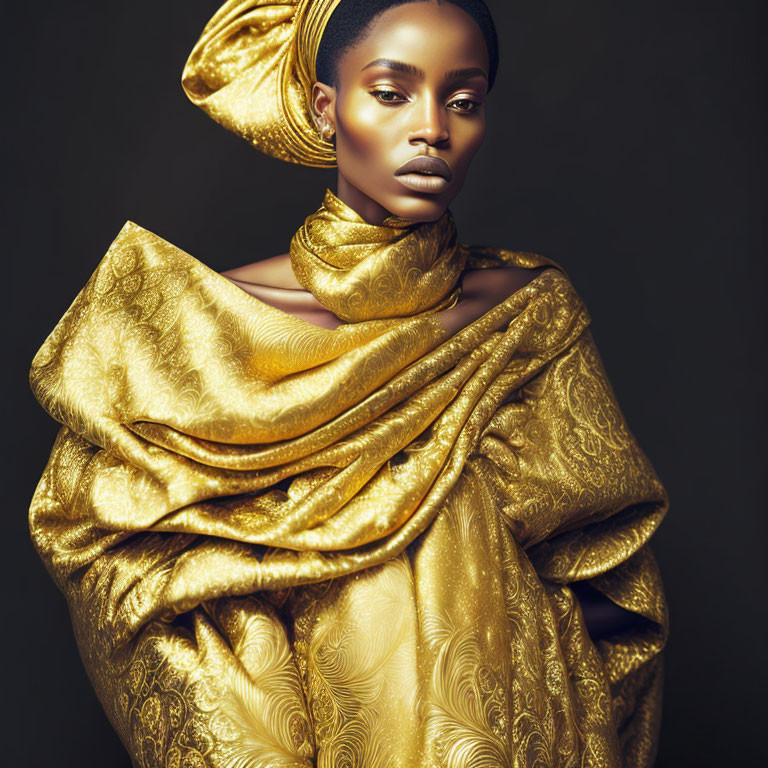 Dark-skinned woman in gold headwrap and fabric on dark background