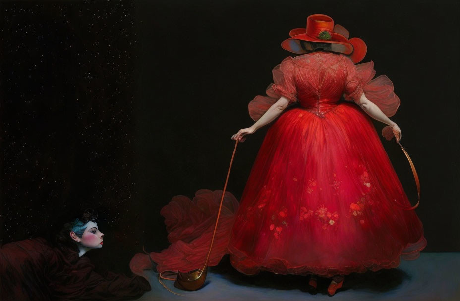 Surreal portrait of woman in oversized red gown with hoop, second woman's head emerges.