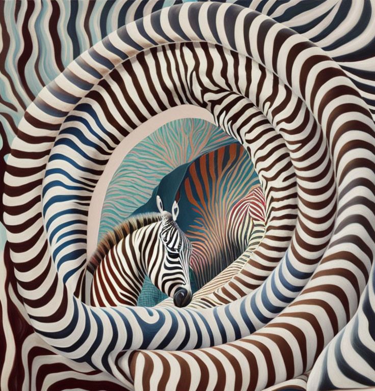 Surreal zebra illustration with swirling, hypnotic stripes