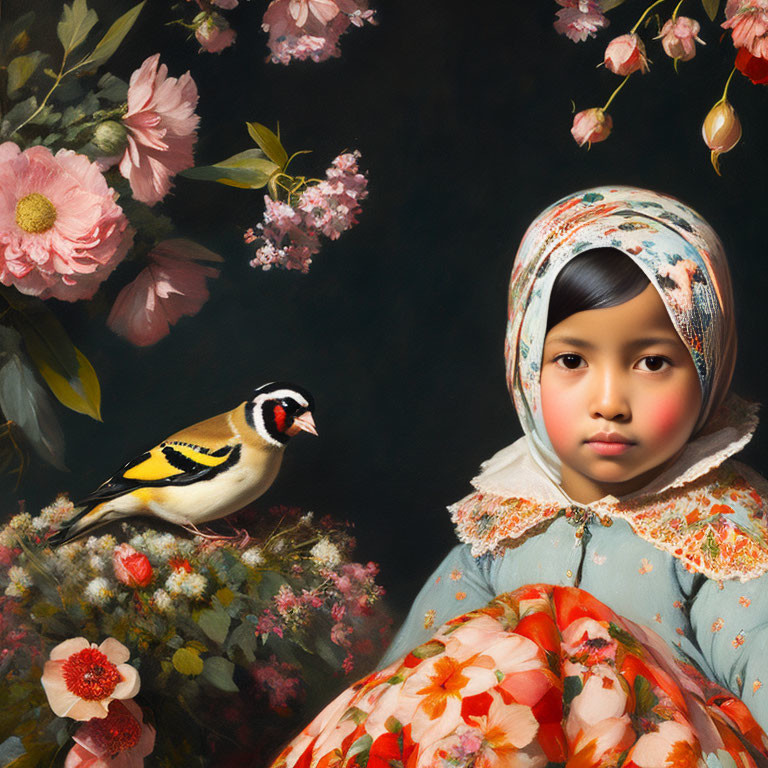 Young girl in floral headscarf with colorful bird on blossoming branches