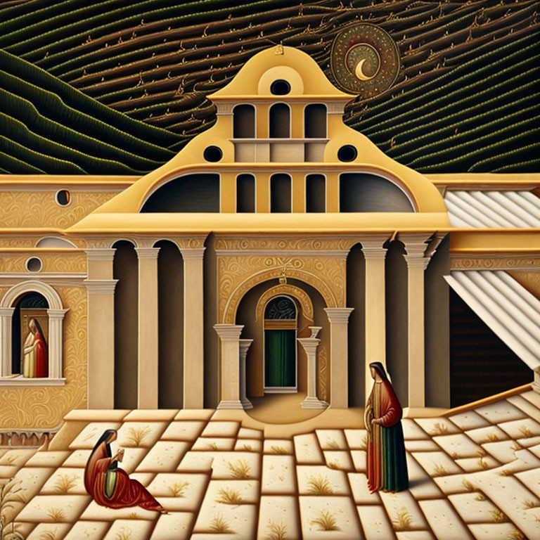 Surrealist painting featuring classical building, robed figures, geometric patterns, and distorted perspective
