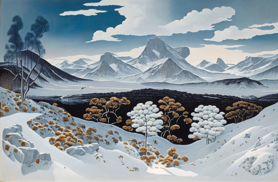 Snow-covered landscape painting with hills, trees, mountains, and clear sky