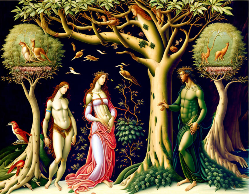 Artistic depiction of Adam, Eve, serpent, animals, and lush garden.