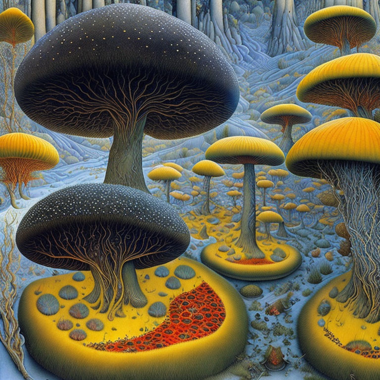 Vivid surreal forest scene with oversized mushrooms and intricate tree-like structures