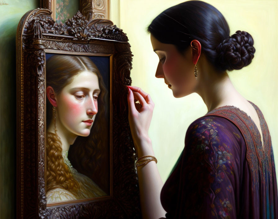 Melancholic woman looking at reflection in ornate mirror.