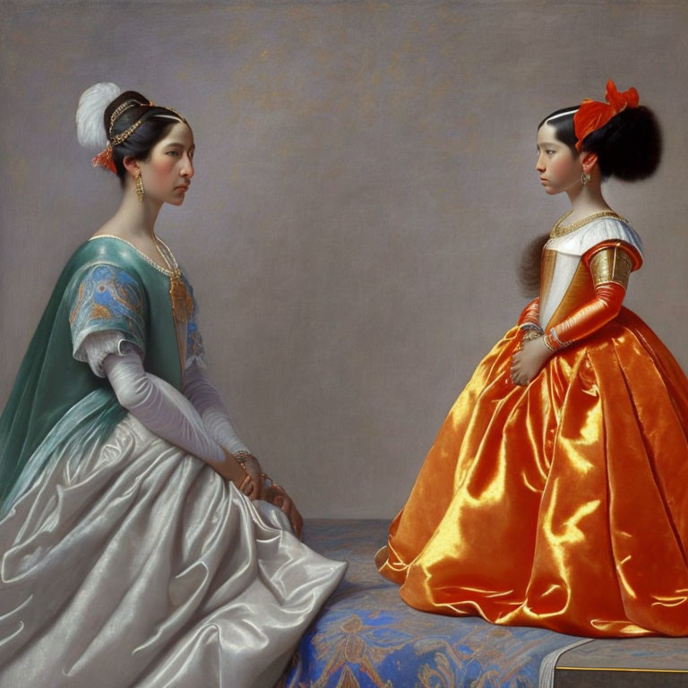 Two women in opulent Renaissance attire showcase elegance and poise