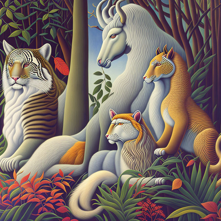 Stylized illustration of white unicorn and feline creatures in vibrant forest