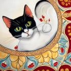 Black and White Cat with Yellow Eyes on Red Oriental Rug