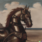 Detailed painting of brown horse with bridle in stylized countryside.