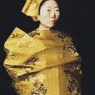 Elderly Woman in Traditional Asian Attire with Gold Patterns and Matching Headdress on Dark Background