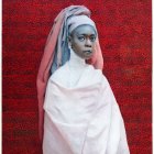 Stylized portrait of woman with blue-black skin in white drapery and blue headscarf