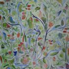 Lush Garden Painting with Blooming Flowers and Butterfly