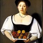 Traditional attire woman holding pastries in black corset and gold choker