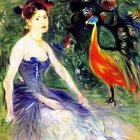 Victorian woman portrait with bird, lush flowers, and peacock feather motif