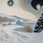 Snowy Sunset Landscape with Tranquil Lake and Solar Eclipse