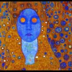 Colorful Abstract Painting: Blue Humanoid Figure with Orange Eyes surrounded by Circles