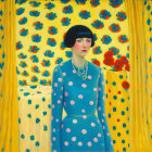 Stylized painting of a woman in blue coat with pink dots on yellow background