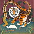 Detailed Folk Art Style Illustration of Tiger, Egrets, and Lotus Flowers