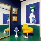 Vibrant portrait paintings, eclectic sculptures, yellow chair in modern art gallery
