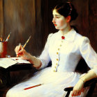 Portrait of elegant woman in white dress with spilled inkpot, holding letter.